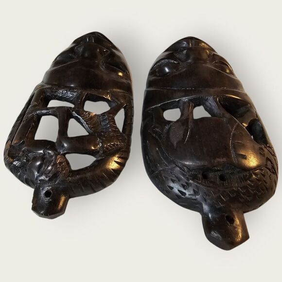 Set of 2 Dark Brown Carved Wood African Tribal Masks Elephant Working Man - Picture 5 of 7